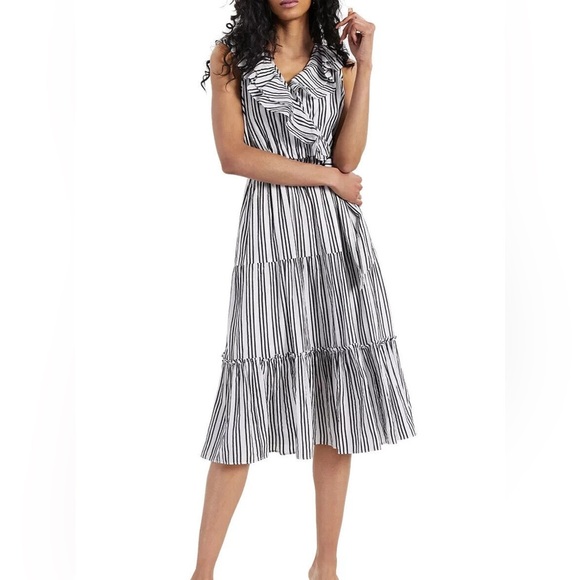INC Black & White Ruffled Midi Dress Elastic Waist w/ Tie Ruffles Yacht Wife - Picture 1 of 15
